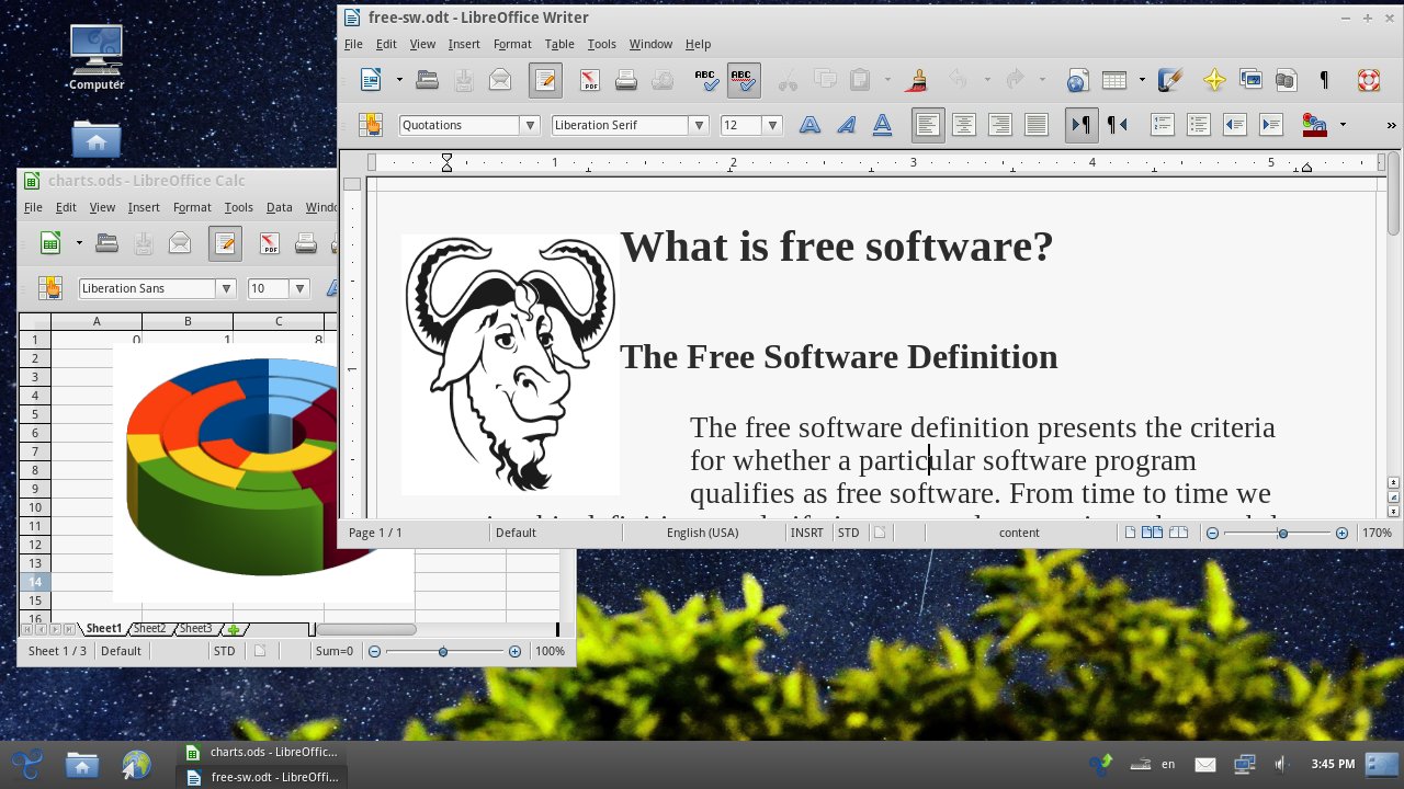 Bildschirmfoto einer GNU/Linux-Distribution mit geöffnetem
Textverarbeitungs- und Tabellenkalkulationsprogramm