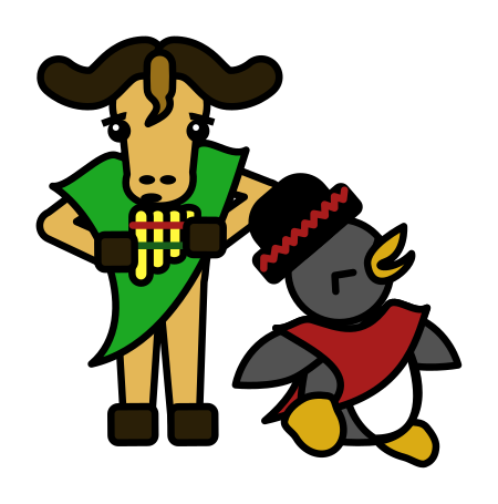  [Bolivian GNU playing the flute and Tux dancing] 